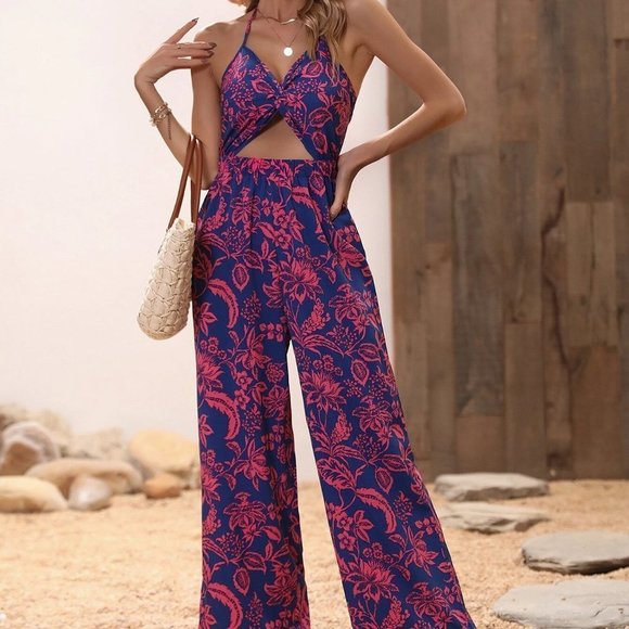 Blue Boho Womens Floral Print Twist Front Cut Out Tie Backless Halter Jumpsuit - Picture 4 of 5